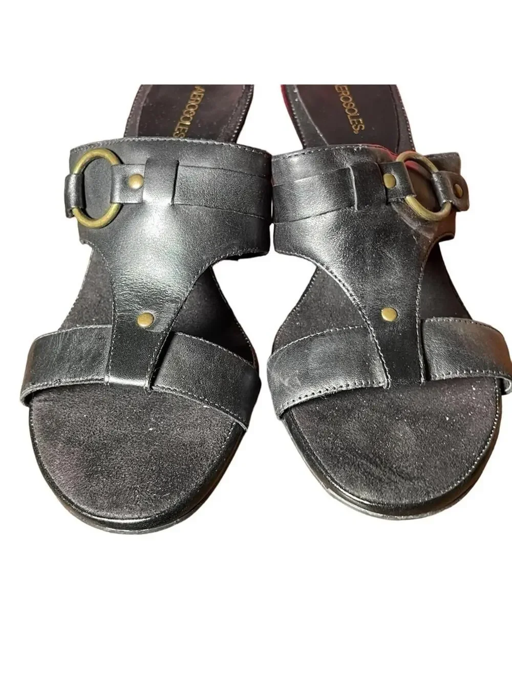 Aerosoles Black Leather Mule Sandals Heeled Slides Size 9.5M